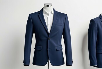 Wall Mural - navy blue colored men's blazer jacket design example, on a lifeless mannequin
