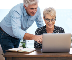 Wall Mural - Mature couple, laptop and smiling with choices for retirement, vacation and holiday at home. Woman on computer, man and excited for destinations for trip, browsing and budgeting in living room