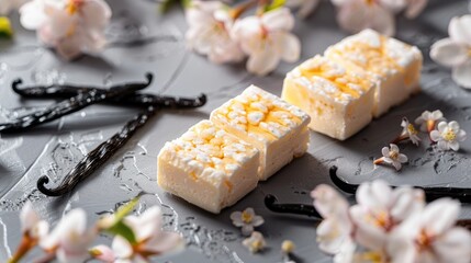 Close up of glazed curd cheese bars vanilla pods and flowers on a gray table