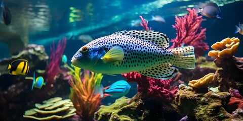 Wall Mural - Vibrant tropical freshwater aquarium with colorful swimming fish. Concept Aquarium Setup, Freshwater Fish, Colorful Decor, Tropical Theme, Vibrant Underwater Landscape