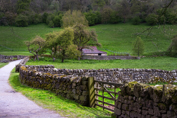 Wall Mural - View in the North York Moors National Park in spring. Barn and dry stone wall.