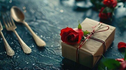 Sticker - Valentine s Day Commences Close up of a Petite Gift Box Red Rose and Dining Utensils on a Table with Empty Space on the Left