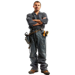 Poster - Professional handyman with a tool belt stands with arms crossed on a transparent background