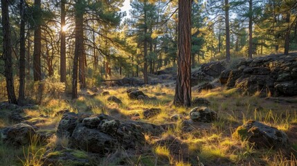 Wall Mural - sunlight filters through the petrified canopy creating a dappled effect that dances on the forest fl