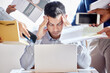 © Alexis S/peopleimages.com - Business people, hands and man with stress headache in office for laptop multitasking, fail or deadline disaster. Migraine, crisis or accountant overwhelmed by team for tax, audit or compliance chaos