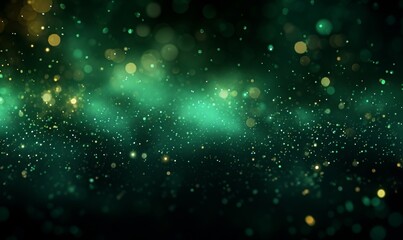 Wall Mural - Abstract festive dark green glow glitter particle confetti bokeh texture background illustration, Generative AI