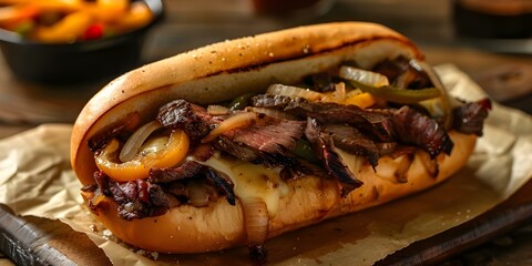 Wall Mural - Sliced Steak with Melted Provolone, Onions, and Peppers on a Hoagie Roll. Concept Cheesesteak Sandwich, Comfort Food, Philly Style, Delicious Submarine Sandwich