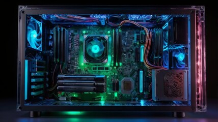 Poster - A concept illustrating the upgrade and repair of desktop computers features a gaming computer glowing on a dark table. Within a transparent computer case, various computer parts.