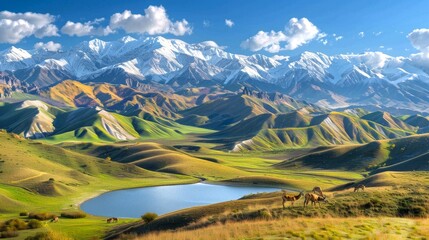 Wall Mural - Breathtaking mountain scenery with vibrant green hills and a calm lake under a clear blue sky. Captivating landscape ideal for nature, travel, and adventure themes.