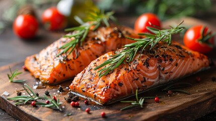 Two perfectly grilled salmon fillets garnished with fresh herbs on a wooden serving board with spices