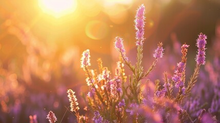 Canvas Print - Heather plant illuminated by the setting sun