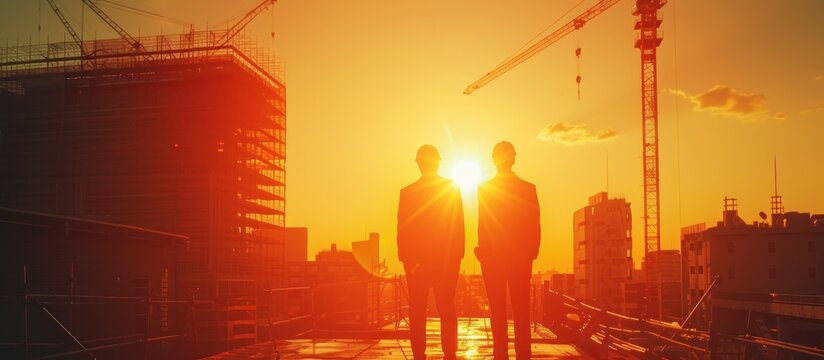 Two Silhouettes Against the Setting Sun on a Construction Site