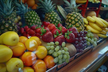 Poster - A colorful arrangement of various fruits on a wooden table, great for food photography, advertising or editorial use