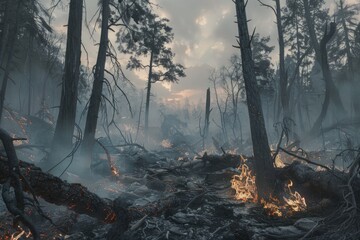 Poster - A fire raging in the midst of a dense forest, with flames and smoke visible