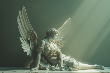 Poster - A statue of an angel sitting on a table, suitable for home decor or symbolic use