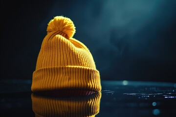Poster - A single yellow hat sitting on top of a table