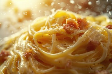 Sticker - A delicious-looking plate of spaghetti with crispy bacon and melted cheese