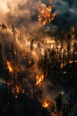 Poster - A forest fire burning in the midst of a dense forest, surrounded by trees and underbrush