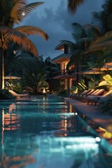 Poster - A sunny day at the pool with lounge chairs and palm trees in the background