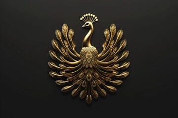 Poster - A close-up image of a gold peacock brooch set against a black background, featuring intricate details and ornate design