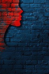 Poster - A woman's face painted on a red and blue brick wall
