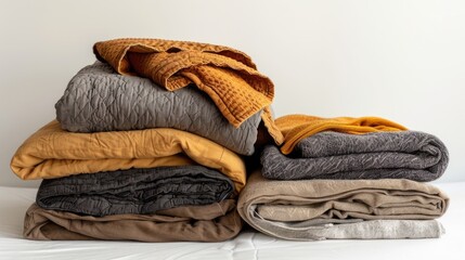 Poster - A pile of folded blankets sits on top of a bed, waiting to be used