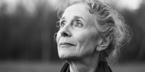 Poster - A black and white photo of an older woman's profile, simple and elegant