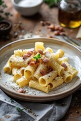 Poster - A plate of pasta with crispy bacon and melted parmesan cheese, perfect for a quick meal or snack