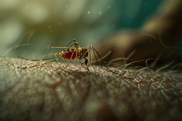 Canvas Print - Close-up shot of a mosquito feeding on a person's arm, highlighting its tiny features