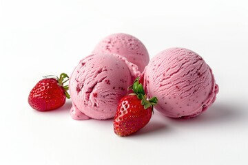 Poster - A delicious dessert featuring three scoops of ice cream topped with fresh strawberries, perfect for a sweet treat or as a centerpiece for a party