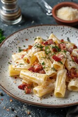 Poster - Delicious dish of pasta, crispy bacon, and melted parmesan cheese