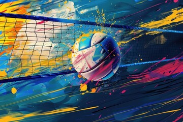 Wall Mural - A photo of a volleyball taken on an indoor court with net and lines, suitable for sports or recreational use