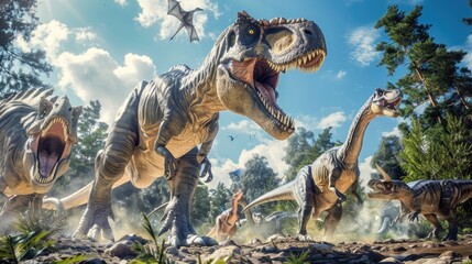 Poster - A group of dinosaurs walk through the dense forest, various species and ages are present