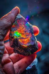 Poster - A person holds a piece of rock with colorful lights, great for illustration or design