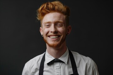 Poster - A man with a beard is dressed formally, wearing a tie and suspenders