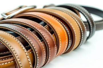 Poster - A close-up shot of multiple belts lying on a white surface, suitable for use in fashion or product photography