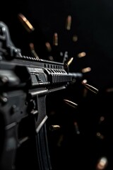 A close-up view of a machine gun with spent bullet shells surrounding it, often used in military or action scenes