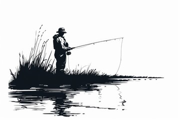 Poster - A person fishing on a lake with a fishing rod, calm waters and scenic surroundings