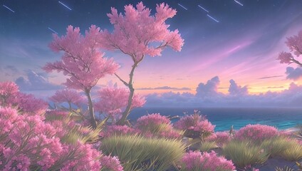 Wall Mural - a painting of a beautiful sunset with pink flowers