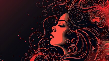 Wall Mural - a woman with long hair and a red background