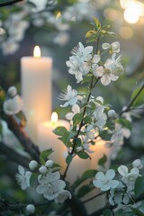 Canvas Print - A single white candle placed beside a tree with blooming white flowers, suitable for romantic or peaceful settings