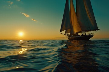 Poster - A sailboat glides across the calm ocean waters as the sun sets in the background, with warm hues of orange and pink
