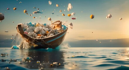 Sticker - Plastic waste floating in the ocean with a blurred fishing boat and blue sky in the background 4k