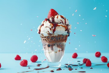 Poster - A colorful dessert featuring a raspberry-topped ice cream sundae with rich chocolate sauce