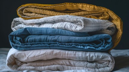 Poster - A pile of folded blankets sits atop a bed, perfect for adding warmth and texture to a room