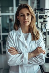 Poster - A scientist stands in front of a microscope, focused on her work