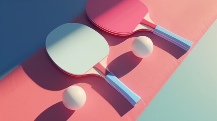 Wall Mural - Two ping pong paddles and two balls placed on a pink surface, ideal for illustrating table tennis or recreational games