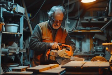 Poster - A worker operating a circular saw in a workshop setting, ideal for use in DIY or construction projects