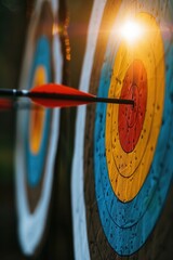 Poster - A close-up shot of an arrow centered in a bullseye, perfect for use in illustrations or designs related to archery, sports, or targets