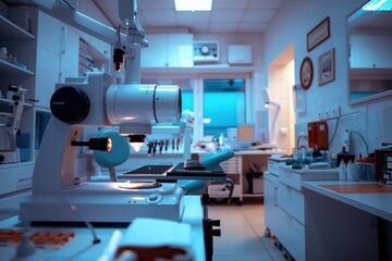 Aufkleber - A photo of various laboratory equipment and a microscope on a table